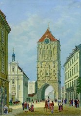 kresba kostela (vlevo od Prašné brány)