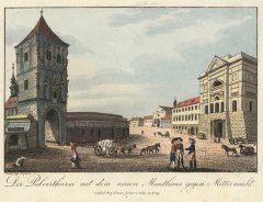 historické foto kostela (vlevo od Prašné brány)