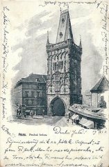 historické foto kostela (vpravo od Prašné brány)