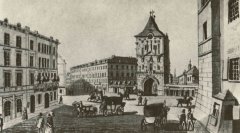 kresba kostela od Gustava Täuberta (vpravo od Prašné brány)