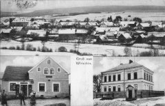 dobová pohlednice vsi s kaplí (vlevo dole)