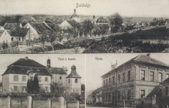 dobová pohlednice vsi s kostelem a zvonicí