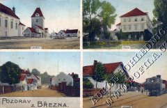 dobová pohlednice vsi s kostelem (na levém horním snímku, zcela vlevo)