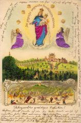 dobová pohlednice poutního areálu s kaplí (vlevo od kostela)