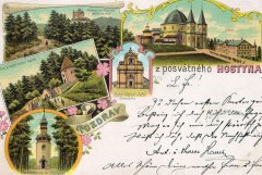 dobová pohlednice poutního areálu s kaplí (vlevo od kostela)