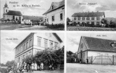 dobová pohlednice vsi s kostelem (vlevo nahoře)