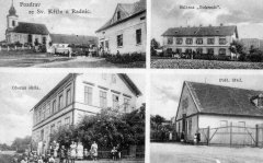 dobová pohlednice vsi s kostelem (vlevo nahoře)