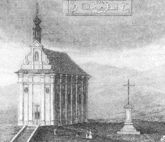 kostel na rytině A. Landrase a Syn z Jindřichova Hradce