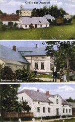 dobová pohlednice vsi s kostelem (na horním obrázku)