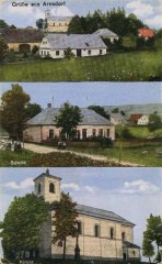 dobová pohlednice vsi s kostelem (nahoře a dole)