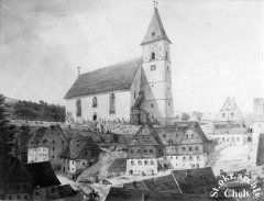 akvarel T. Albertiho s kostelem před barokní přestavbou