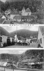 dobová pohlednice vsi s kostelem