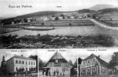 dobová pohlednice vsi s kostelem (vlevo dole)