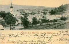 historická pohlednice vsi s kostelem