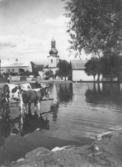 pohled na kostel přes návesní rybník