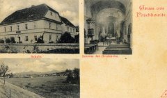 dobová pohlednice vsi s interiérem kostela