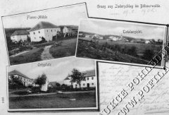 dobová pohlednice vsi s kostelem (kostel na dolním snímku, zezadu)
