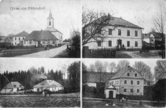 dobová pohlednice vsi s kostelem (vlevo nahoře)