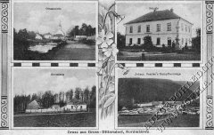 dobová pohlednice vsi s kostelem (vlevo nahoře)