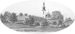 kresba vsi s kostelem od Antona Schotta