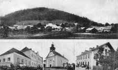 dobová pohlednice vsi s kostelem