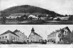 dobová pohlednice vsi s kostelem
