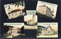 dobová pohlednice vsi s kostelem (uprostřed)