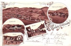 historická pohlednice vsi s kostelem