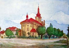 obraz s námětem kostela od Františka Patočky