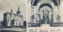 dobová pohlednice s motivem kostela a jeho interiéru