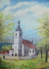 kresba kostela dle černobílé pohlednice z roku 2014
