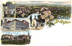 historická pohlednice města s kostelem (dole)