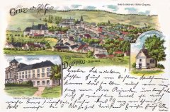 historická pohlednice města s kostelem (nahoře)