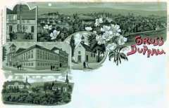 historická pohlednice města s kostelem (dole)