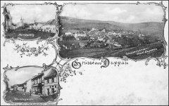 dobová pohlednice města s kostelem (na horních snímcích)