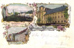 historická pohlednice města s kostelem (vlevo nahoře)