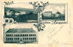 historická pohlednice města s kostelem (nahoře)