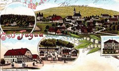 dobová pohlednice vsi s kostelem