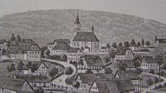 kresba vsi s kostelem
