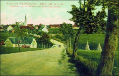 dobová pohlednice vsi s kostelem