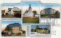 dobová pohlednice vsi s kostelem