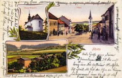 dobová pohlednice městyse s kostelem (na levém snímku)