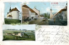 dobová pohlednice městyse s kostelem (na levém snímku)