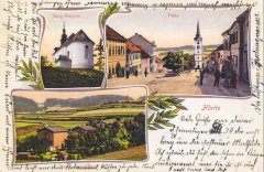 dobová pohlednice městyse s kostelem (na levém snímku)
