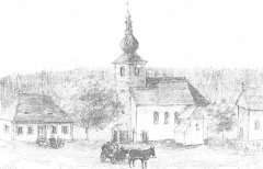kresba s námětem kostela a kaple sv. Kříže