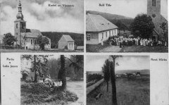 dobová pohlednice vsi s kostelem a kaplí sv. Kříže