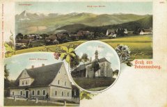 historická pohlednice vsi s kostelem (uprostřed)
