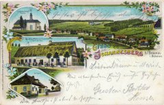 dobová pohlednice vsi s kostelem (vlevo nahoře)