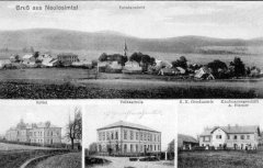 dobová pohlednice vsi s kostelem