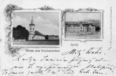 dobová pohlednice vsi s kostelem